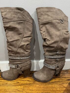 Not Rated Taupe Knee-High Jewel-Strap Heeled Boots